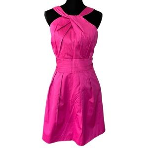Davids Bridal Formal Dress 16 Hot pink Twist Halter Top Front Fit Flare pockets